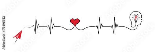Abstract paper plane origami airplane, ekg shape route, red heart, head shape bulb, gears. Medical science concept design to use for cardiology, healthcare business, medical care concept projects.