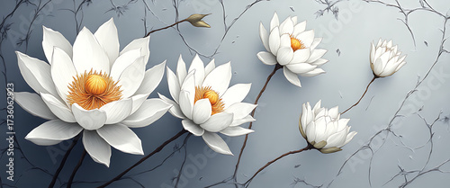 Luxury floral wallpaper featuring 3D embossed blossoms with gold, silver, and marble textures, elegant botanical mural in rich colors, abstract illustration for art prints, seamless 4K decorative back