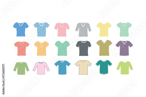 Colorful collection of t-shirts and long sleeve tops for apparel mockups