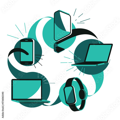 Smartphones, laptops, smartwatches, and tablets connected in circular flow. Modern gadgets communicating in seamless digital ecosystem. Interconnected devices for everyday life.
