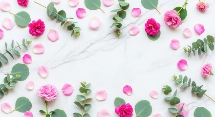 Pink flowers rose petals and eucalyptus leaves scattered on a white marble surface with grey veins creating a vibrant border