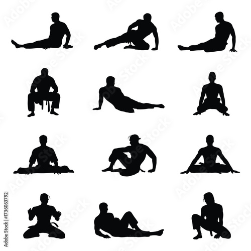 Collection of martial arts practitioners silhouettes, various stretching and relaxation poses. Training, meditation, yoga, zen, body control, balance, flexibility.