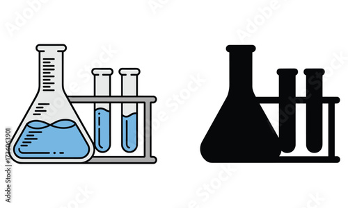Two contrasting icons of laboratory flasks and test tubes one colored one silhouette Keywords: beaker, blue liquid, chemistry, colored, contrast, experiment, flask, graphic, icon, illustration