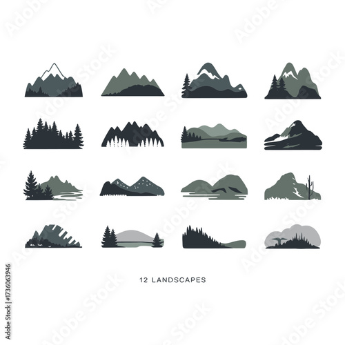Minimalist landscape icons featuring mountains, forests, and lakes. Abstract natural scenery with various landforms and foliage.
