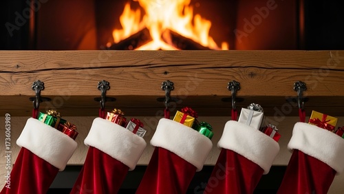 Festive Christmas stockings filled with gifts hanging above a warm fireplace, celebrating the holiday season.