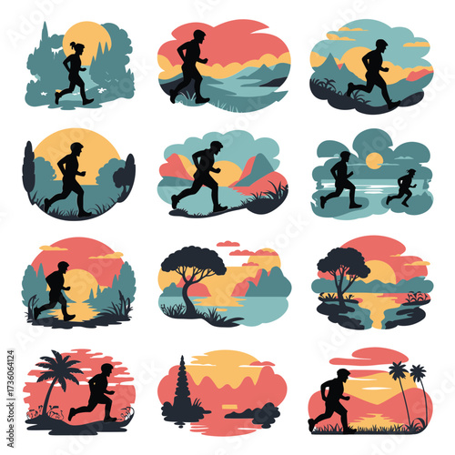 People running through varied landscapes including forests, mountains, and coastal areas. Runners in scenic natural environments during sunrise or sunset.