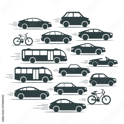 Road transportation vehicles collection. Automobiles, bicycles, buses silhouettes. Moving vehicles, different types of cars. Modern lifestyle, urban travel concept.