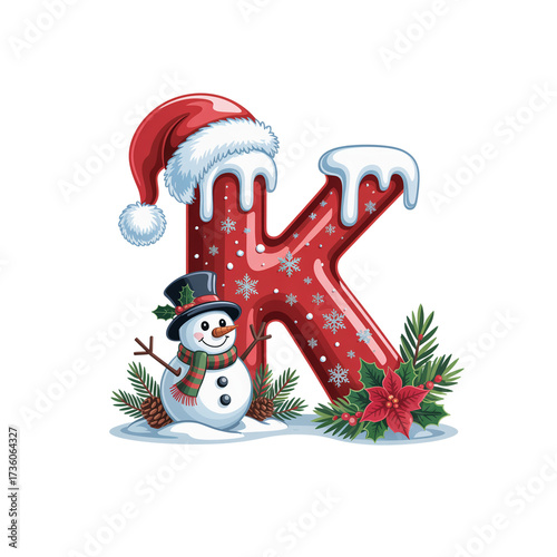 Cute Modern Christmas Alphabet with Santa Hand, Snowman, and Festive Leaves – Holiday Decorative Letters