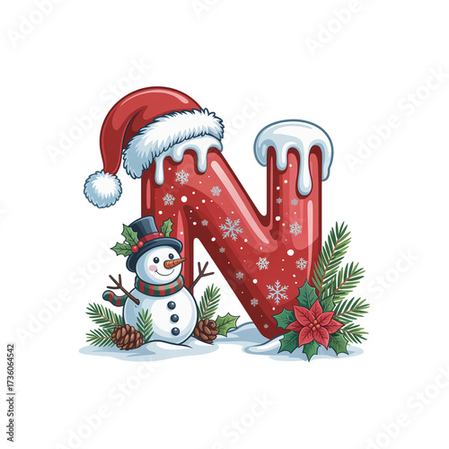 Cute Modern Christmas Alphabet with Santa Hand, Snowman, and Festive Leaves – Holiday Decorative Letters