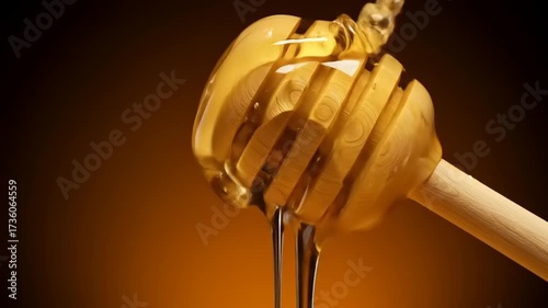 Close-up of a honey dipper dripping golden honey against a warm, gradient background