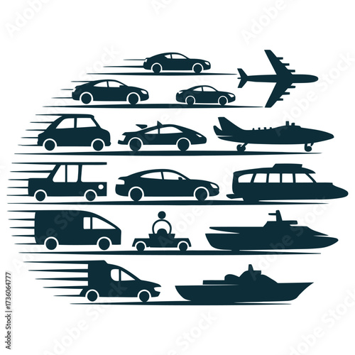 Collection of speeding transport vehicle silhouettes including cars, planes, ships, vans, and a scooter. Depicts rapid movement.