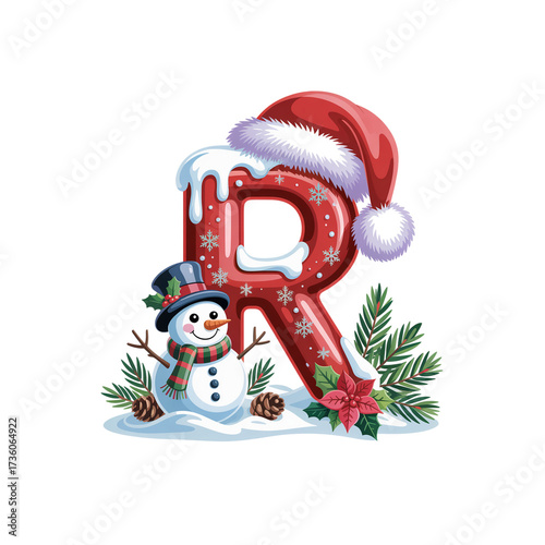 Cute Modern Christmas Alphabet with Santa Hand, Snowman, and Festive Leaves – Holiday Decorative Letters
