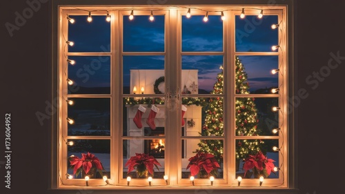 Warm glow spills through multi-pane window at twilight as vibrant stockings and poinsettias shine against indigo sky