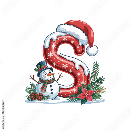 Cute Modern Christmas Alphabet with Santa Hand, Snowman, and Festive Leaves – Holiday Decorative Letters
