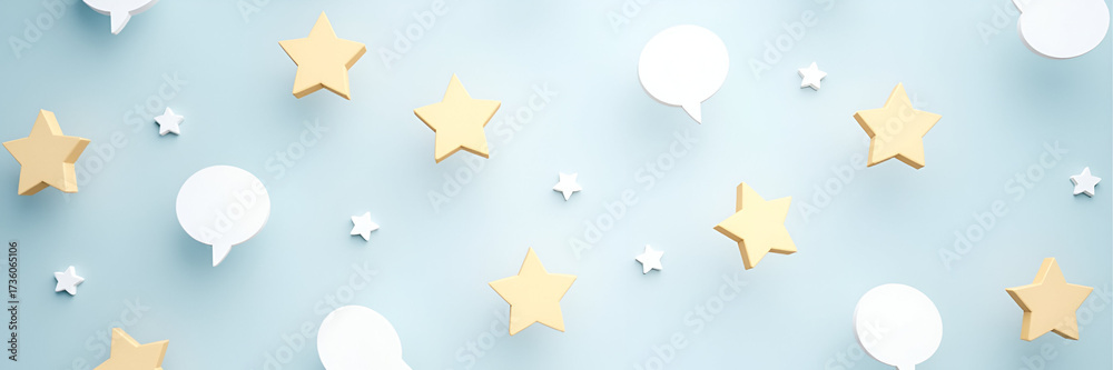 Fototapeta premium An interactive star-based customer rating system, featuring floating feedback bubbles, designed with a minimalistic approach to allow easy copy space for promotional messages.
