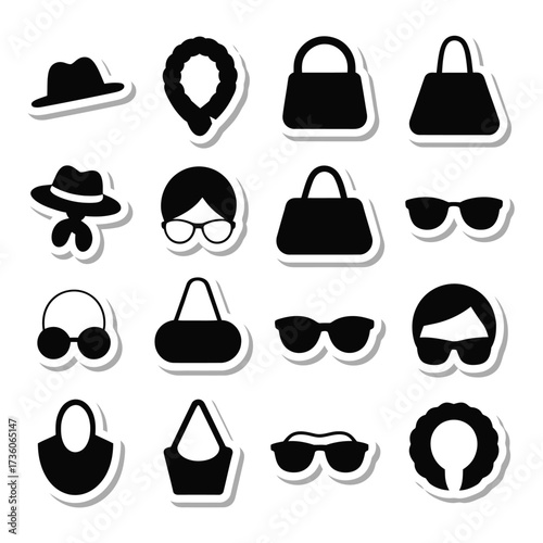 Women fashion accessories with shadow effect, hats, bags, eyeglasses, and necklaces collection, modern style objects