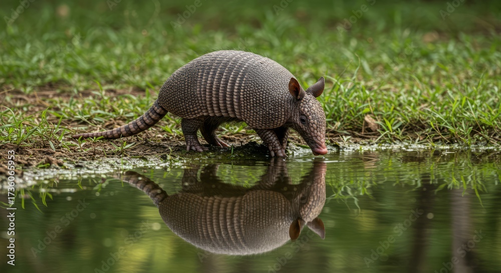 Obraz premium Wild armadillo with armored shell walking in nature, symbol of wildlife and unique mammals, perfect for zoology, ecology, and exotic animal themes.
