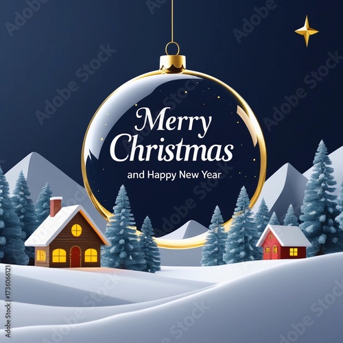 Merry christmas and happy new year illustration with winter landscape