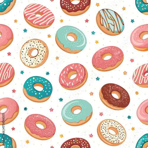Vibrant seamless pattern of assorted donuts with colorful sprinkles and star accents, creating a playful and appetizing background design