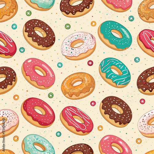 Seamless pattern of colorful donuts with different toppings, a delightful and mouthwatering design perfect for backgrounds, textiles, and confectionerythemed projects