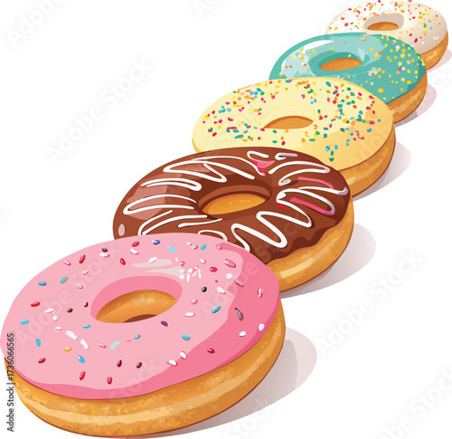 Line of five assorted donuts with colorful toppings and flavors, perfect for a sweet treat or a colorful dessert