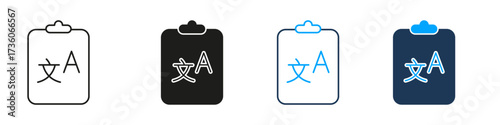Language Clipboard Line And Solid Icon Set. Translation Text On Board Symbol Collection For Terminology Lists, Linguistic Tasks, And Multilingual Documentation. Isolated Vector Illustration