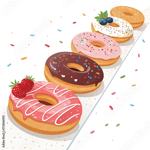 A delightful assortment of donuts, each adorned with unique toppings and vibrant colors, arranged in a tempting row
