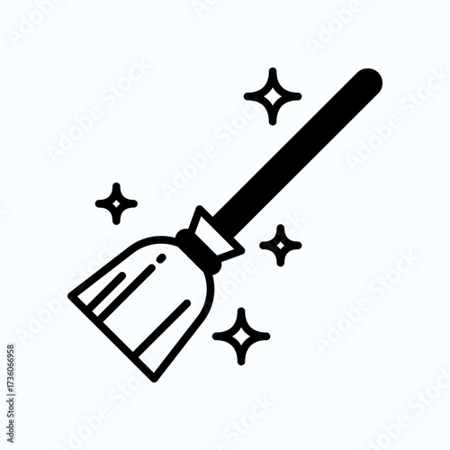 Simple Vector Icon of Broomstick and Sparkles in Black and White