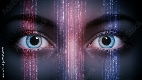Close-up of captivating blue eyes surrounded by vibrant digital patterns, suggesting a futuristic theme