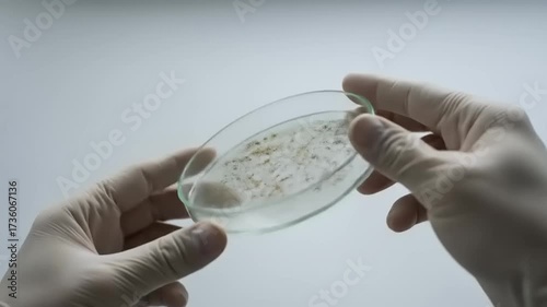 Close-up of hands holding a petri dish with microbial growth, set against a minimalistic background