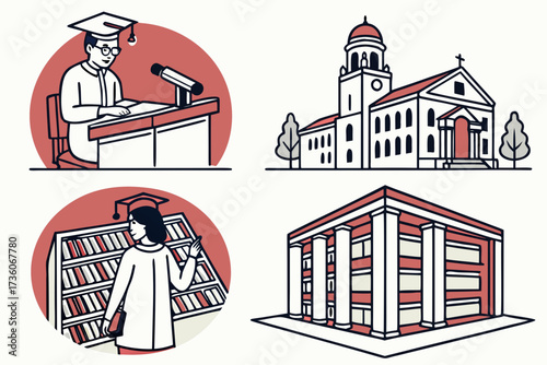 A set of vector illustrations depicting higher education, including graduation, a library, and university campus buildings.