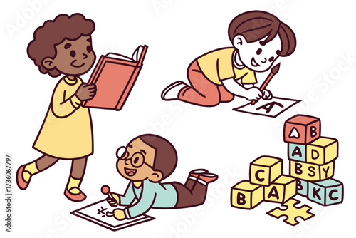 Diverse children engaged in various educational activities like reading, drawing, and playing with alphabet blocks, fostering early learning and development.