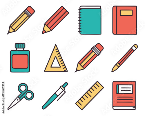 A collection of colorful school and office supply icons in a flat line art style, isolated on a white background.