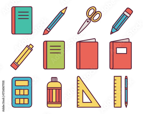 A collection of colorful school and office supplies icons, including notebooks, pencils, scissors, and rulers, depicted in a flat design style.
