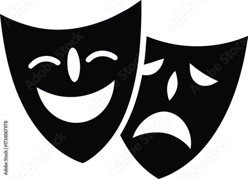 Comedy and tragedy theater masks vector icon,  Theater drama masks silhouette vector set, comedy and tragedy faces, Dramatic theater masks silhouette, performing arts symbol.