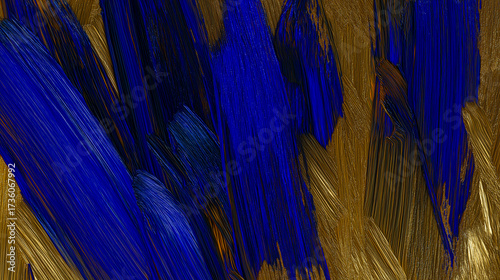 Vibrant abstract painting with bold strokes of blue, orange, and gold, showcasing a dynamic composition of textured brushwork and color blending, perfect for artistic expression