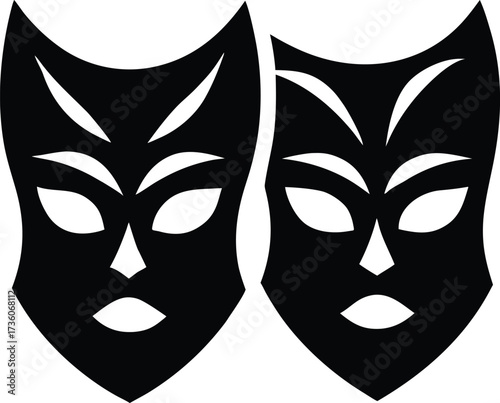 Comedy and tragedy theater masks vector icon,  Theater drama masks silhouette vector set, comedy and tragedy faces, Dramatic theater masks silhouette, performing arts symbol.