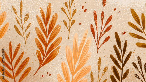 Abstract illustration featuring flowing organic shapes in warm tones of orange and beige, creating a harmonious and modern design with a soft textured background