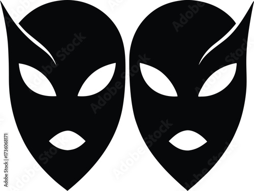 Comedy and tragedy theater masks vector icon,  Theater drama masks silhouette vector set, comedy and tragedy faces, Dramatic theater masks silhouette, performing arts symbol.