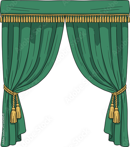 Elegant Handdrawn Green Curtain Interior Design Window Covering Illustration