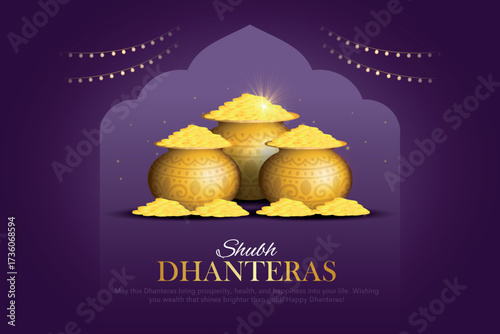 Happy Dhanteras poster template design with gold coin in pot and decorative diya lamp. Indian festival Dhanteras creative vector design.