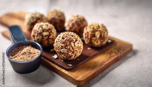 high protein energy balls made from oats peanut butter whey protein visualized as nutritious afternoon snack for muscle growth and post lunch energy boost