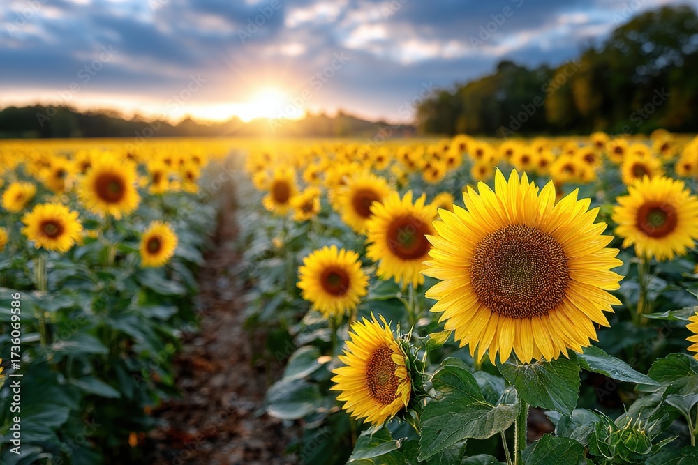 Fototapeta premium Sunflowers at Sunset in a Vast Field