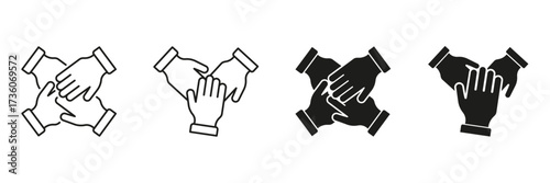 Four Hands In Unity Line And Solid Icon Set. Teamwork, Collaboration, And Partnership Symbol Collection. Cooperation And Support. Isolated Vector Illustration