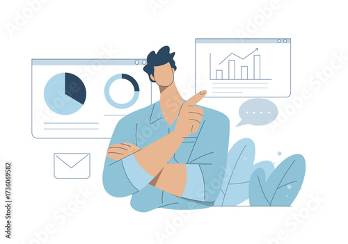 Business expert presenting performance metrics and business data analysis with innovation. Vector illustration.