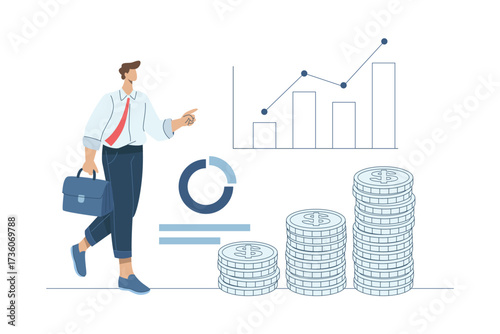 Businessman with briefcase, Financial growth and investment analysis, Flat vector illustration.