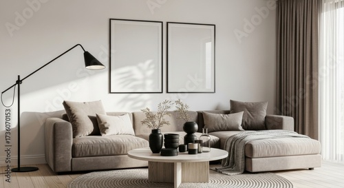 Cozy living room with a sectional sofa, two blank picture frames, and a floor lamp, modern decor