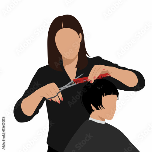 Flat Style Professional Hairdresser Cutting Client Hair in Salon Illustration