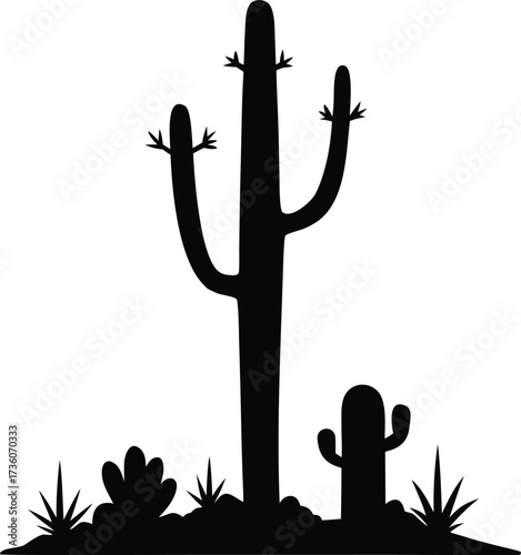 Dramatic cactus silhouette artwork with unique decorative style, Saguaro Cactus Silhouette Vector Illustration
