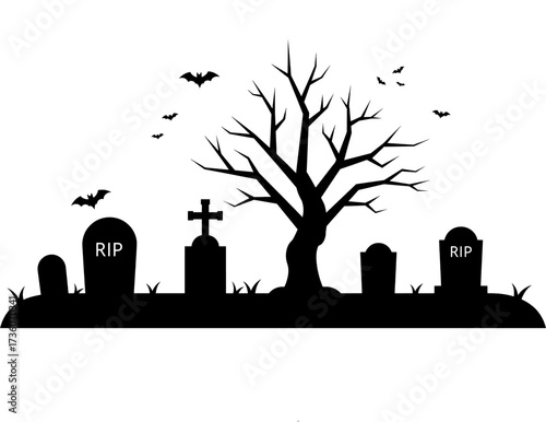 Eerie graveyard silhouette on a dark night, featuring a dead tree, ancient gravestones, and flying bats, perfect for Halloween themes and spooky designs